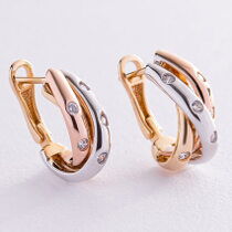 обзорное фото Золотые серьги в комбинированном золоте (красное, белое, желтое) с фианитами 037714 Золотые серьги с фианитом обзорное фото Золотые серьги в комбинированном золоте (красное, белое, желтое) с фианитами 037714  Золотые серьги с фианитом