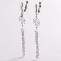 обзорное фото Висячие серьги Клевер в белом золоте 585 проба 037829 Золотые серьги без вставок обзорное фото Висячие серьги Клевер в белом золоте 585 проба 037829  Золотые серьги без вставок