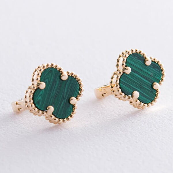 Золотые серьги с английским замком Клевер с  малахитом 037822 детальное изображение ювелирного изделия Серьги с малахитом Золотые серьги с английским замком Клевер с  малахитом 037822 детальное изображение ювелирного изделия Серьги с малахитом