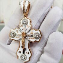 обзорное фото Золотой крестик с Распятием и белой эмалью 031588  Золотые крестики православные