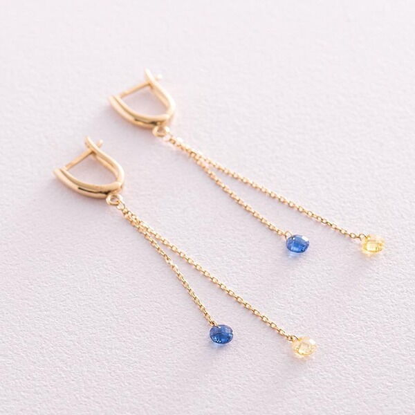 Золотые серьги "Украинка", жёлтое (лимонное) золото, синие и жёлтые фианиты 037464 детальное изображение ювелирного изделия Золотые серьги с фианитом Золотые серьги "Украинка", жёлтое (лимонное) золото, синие и жёлтые фианиты 037464 детальное изображение ювелирного изделия Золотые серьги с фианитом