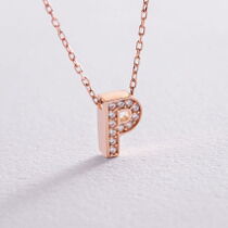 обзорное фото Колье с маленькой буквой Р в красном золоте и бесцветными фианитами 039981 Золотые колье с камнями обзорное фото Колье с маленькой буквой Р в красном золоте и бесцветными фианитами 039981  Золотые колье с камнями