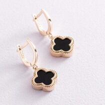 обзорное фото Серьги Клевер в желтом золоте с ониксом 038413  Золотые серьги с ониксом