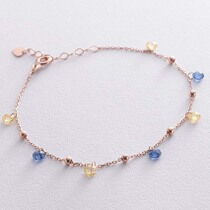 обзорное фото Золотой браслет в красном золоте с желтыми и голубыми фианитами 038510  Женские золотые браслеты