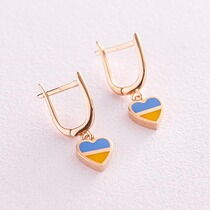 обзорное фото Золотые серьги с сердечком "С Украиной в сердце" 037480 Золотые серьги с эмалью обзорное фото Золотые серьги с сердечком "С Украиной в сердце" 037480  Золотые серьги с эмалью