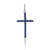 обзорное фото Серебряный декоративный крестик с синими фианитами 026990  Серебряные подвески крестики