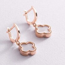 обзорное фото Серьги Клевер в красном золоте с перламутром 038421 Золотые серьги с перламутром обзорное фото Серьги Клевер в красном золоте с перламутром 038421  Золотые серьги с перламутром