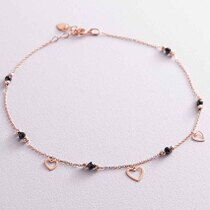 обзорное фото Браслет на ногу в красном золоте с черными фианитами, ажурными шариками и сердечками 039070  Золотые браслеты с цирконием (фианитами)