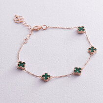 обзорное фото Золотой браслет в красном золоте с малахитом Клевер 037981 Золотые браслеты с цветными камнями обзорное фото Золотой браслет в красном золоте с малахитом Клевер 037981  Золотые браслеты с цветными камнями