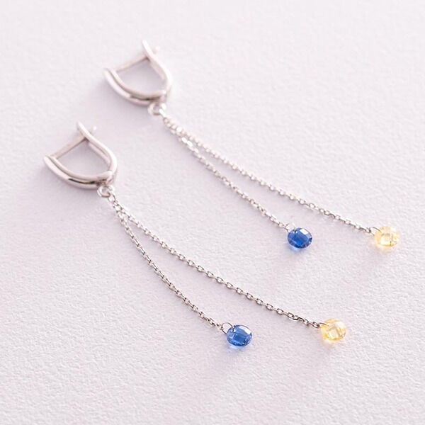 Золотые серьги в белом золоте "Украинка",  голубые и жёлтые фианиты 037465 детальное изображение ювелирного изделия Золотые серьги с фианитом Золотые серьги в белом золоте "Украинка",  голубые и жёлтые фианиты 037465 детальное изображение ювелирного изделия Золотые серьги с фианитом