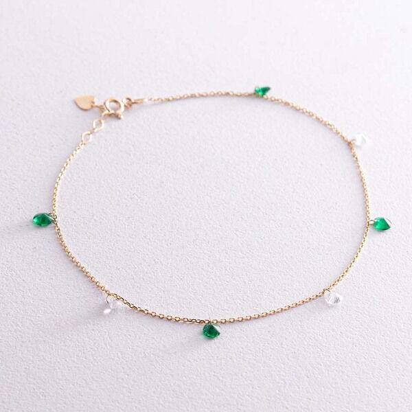 Браслет в жёлтом золоте на ногу, с зелёными и белыми фианитами 037489 детальное изображение ювелирного изделия Золотые браслеты на ногу Браслет в жёлтом золоте на ногу, с зелёными и белыми фианитами 037489 детальное изображение ювелирного изделия Золотые браслеты на ногу