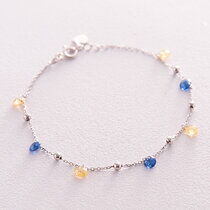 обзорное фото Золотой браслет в белом золоте с желтыми и голубыми фианитами 038028  Золотые браслеты с цирконием (фианитами)