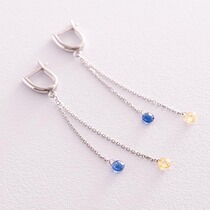 обзорное фото Золотые серьги в белом золоте "Украинка",  голубые и жёлтые фианиты 037465  Золотые серьги с фианитом