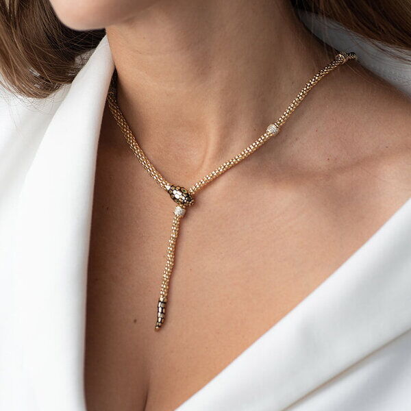 Эксклюзивное колье в желтом (лимонном) золоте с эмалью и фианитами в виде змеи 037952 детальное изображение ювелирного изделия Золотые колье с камнями Эксклюзивное колье в желтом (лимонном) золоте с эмалью и фианитами в виде змеи 037952 детальное изображение ювелирного изделия Золотые колье с камнями