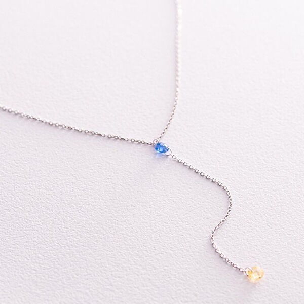 Патриотическое колье в белом золоте с фианитами, жёлтый и голубой камешек 037498 детальное изображение ювелирного изделия Золотые колье с камнями Патриотическое колье в белом золоте с фианитами, жёлтый и голубой камешек 037498 детальное изображение ювелирного изделия Золотые колье с камнями