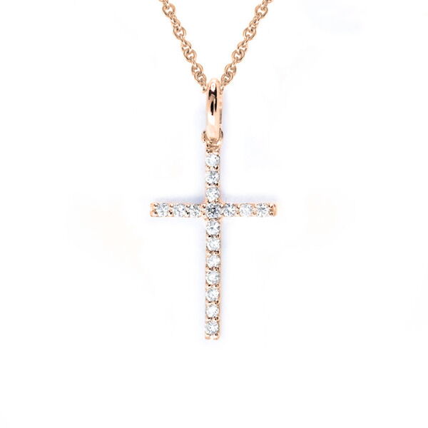 Золотое колье с бриллиантовым крестиком в красном золоте 585 пробы 039221 детальное изображение ювелирного изделия Декоративные золотые крестики Золотое колье с бриллиантовым крестиком в красном золоте 585 пробы 039221 детальное изображение ювелирного изделия Декоративные золотые крестики