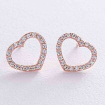 обзорное фото Золотые серьги с фианитом Сердечки 038725   Золотые серьги с фианитом