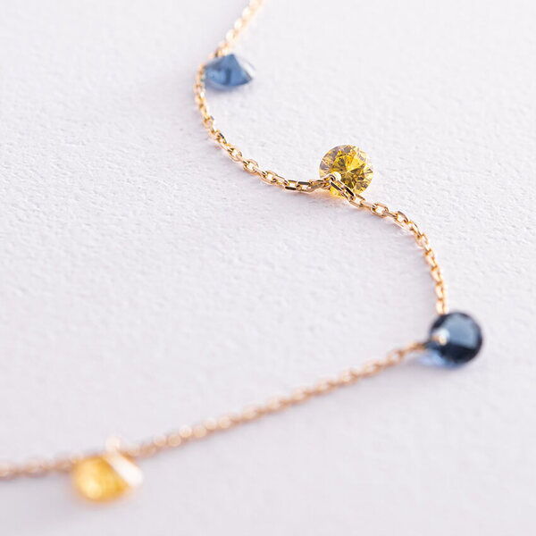 Браслет на ногу в лимонному золоті "Україночка" з жовто-синіми фіанітами 037380 детальне зображення ювелірного виробу