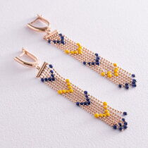 обзорное фото Золотые серьги в украинском стиле с эмалью "Орнамент" 037947 Золотые серьги с английским замком обзорное фото Золотые серьги в украинском стиле с эмалью "Орнамент" 037947  Золотые серьги с английским замком