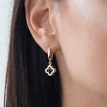 обзорное фото Золотые серьги Клевер с черным фианитом на английской застежке 039178  Золотые серьги с фианитом