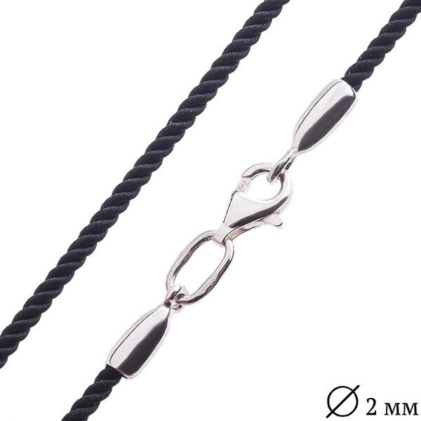 Шелковый черный шнурок с серебряным замком 027115 детальное изображение ювелирного изделия Шнурки с серебром