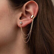 обзорное фото Золотая серьга-Каффа с фианитом и цепочками 037794  Золотые серьги каффы