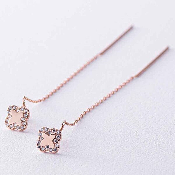 Серьги протяжки в красном золоте Клевер с фианитами 039049 детальное изображение ювелирного изделия Золотые серьги с фианитом Серьги протяжки в красном золоте Клевер с фианитами 039049 детальное изображение ювелирного изделия Золотые серьги с фианитом