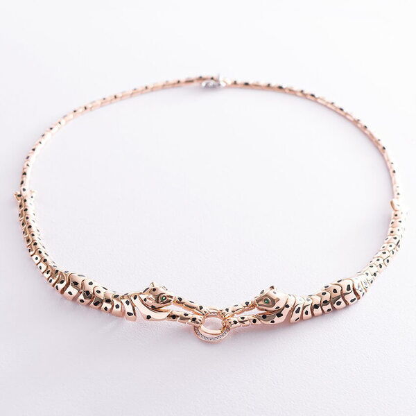 Золотое эксклюзивное колье в красном золоте с эмалью и фианитами Пантера 037949 детальное изображение ювелирного изделия Золотые колье с камнями Золотое эксклюзивное колье в красном золоте с эмалью и фианитами Пантера 037949 детальное изображение ювелирного изделия Золотые колье с камнями