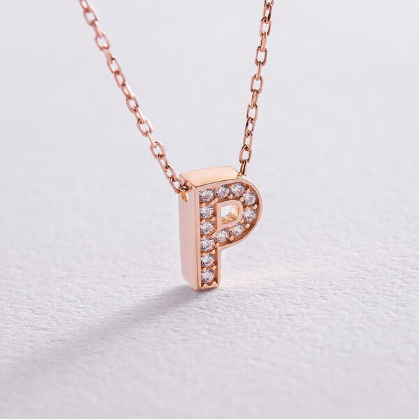 Колье с маленькой буквой Р в красном золоте и бесцветными фианитами 039981 детальное изображение ювелирного изделия Золотые колье с камнями Колье с маленькой буквой Р в красном золоте и бесцветными фианитами 039981 детальное изображение ювелирного изделия Золотые колье с камнями