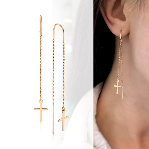 Золоті сережки протяжки з хрестиком 034629 детальне зображення ювелірного виробу