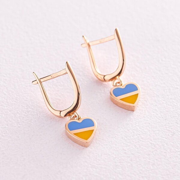 Золотые серьги с сердечком "С Украиной в сердце" 037480 детальное изображение ювелирного изделия Золотые серьги с эмалью