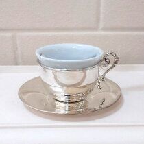 обзорное фото Серебряный кофейный набор: чашка с белой керамикой и блюдце 031456  Наборы столового серебра