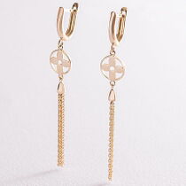 обзорное фото Висячие серьги Клевер в желтом золоте 585 проба 037828 Золотые серьги без вставок обзорное фото Висячие серьги Клевер в желтом золоте 585 проба 037828  Золотые серьги без вставок