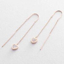 обзорное фото Серьги- протяжки в желтом золоте с перламутром в форме сердца 039151 Золотые серьги с перламутром обзорное фото Серьги- протяжки в желтом золоте с перламутром в форме сердца 039151  Золотые серьги с перламутром