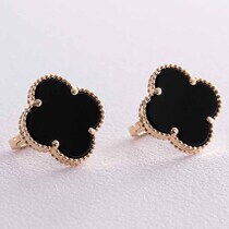 обзорное фото Женские серьги в желтом золоте с ониксом Клевер 039140  Золотые серьги с ониксом