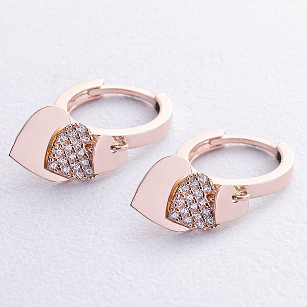 Золотые серьги - кольца с фианитами и глянцем Сердца 039316 детальное изображение ювелирного изделия Золотые серьги с фианитом