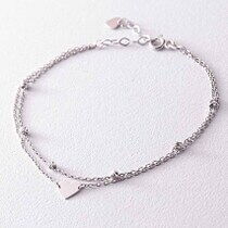 обзорное фото Двойной браслет в белом золоте с шариками и сердцем 038735 Золотые браслеты без камней обзорное фото Двойной браслет в белом золоте с шариками и сердцем 038735  Золотые браслеты без камней