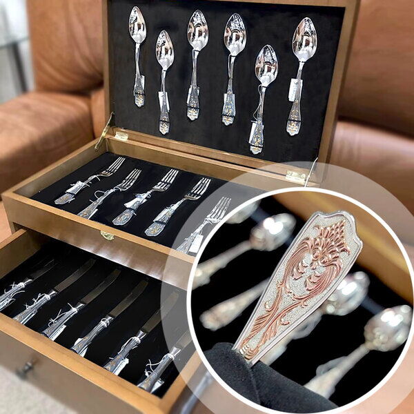 Набор серебряных столовых приборов на 6 персон "Калина" с позолотой 038222 детальное изображение ювелирного изделия Наборы столового серебра Набор серебряных столовых приборов на 6 персон "Калина" с позолотой 038222 детальное изображение ювелирного изделия Наборы столового серебра