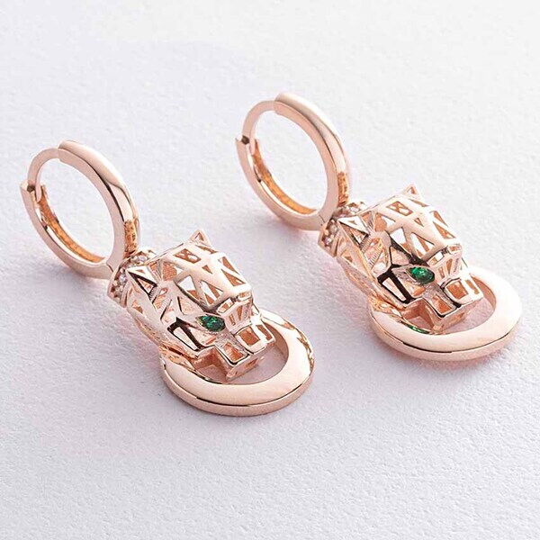 Серьги в красном золоте Пантера с зелеными фианитами 039127 детальное изображение ювелирного изделия Золотые серьги с фианитом Серьги в красном золоте Пантера с зелеными фианитами 039127 детальное изображение ювелирного изделия Золотые серьги с фианитом