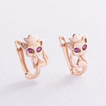 обзорное фото Золотые серьги детские Котики с розовыми глазками 037543 Золотые детские сережки обзорное фото Золотые серьги детские Котики с розовыми глазками 037543  Золотые детские сережки
