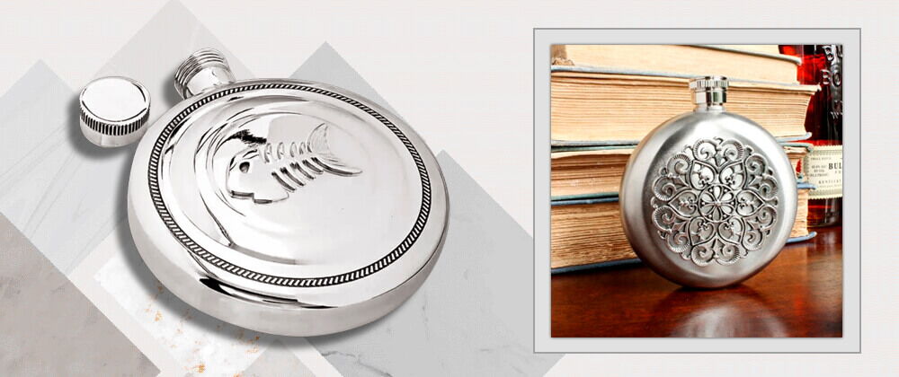 Срібна кругла фляга зі скелетом риби Срібна кругла фляга зі скелетом риби