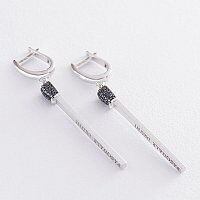 Серьги Спички из белого золота с черными фианитами 031678