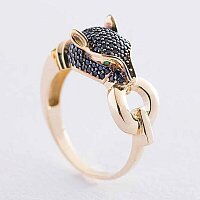 Золотое кольцо Пантера с черными фианитами 038629