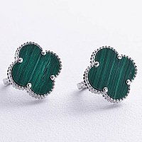 Серьги в белом золоте с малахитом Клевер на английской застежке 039177