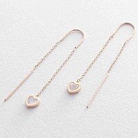 Серьги- протяжки в желтом золоте с перламутром в форме сердца 039151