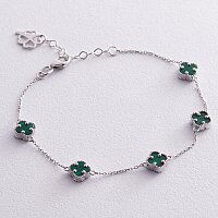 Золотий браслет з п'ятьма конюшинами з малахітом у білому золоті 038107