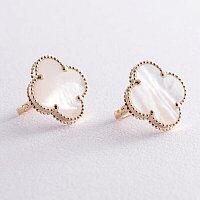 Золотые серьги Клевер с перламутром, жёлтое (лимонное) золото 037924