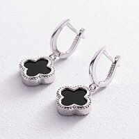 Серьги Клевер в белом золоте с ониксом 038420