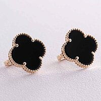 Женские серьги в желтом золоте с ониксом Клевер 039140