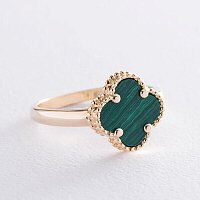 Популярное золотое кольцо Клевер с малахитом 037058